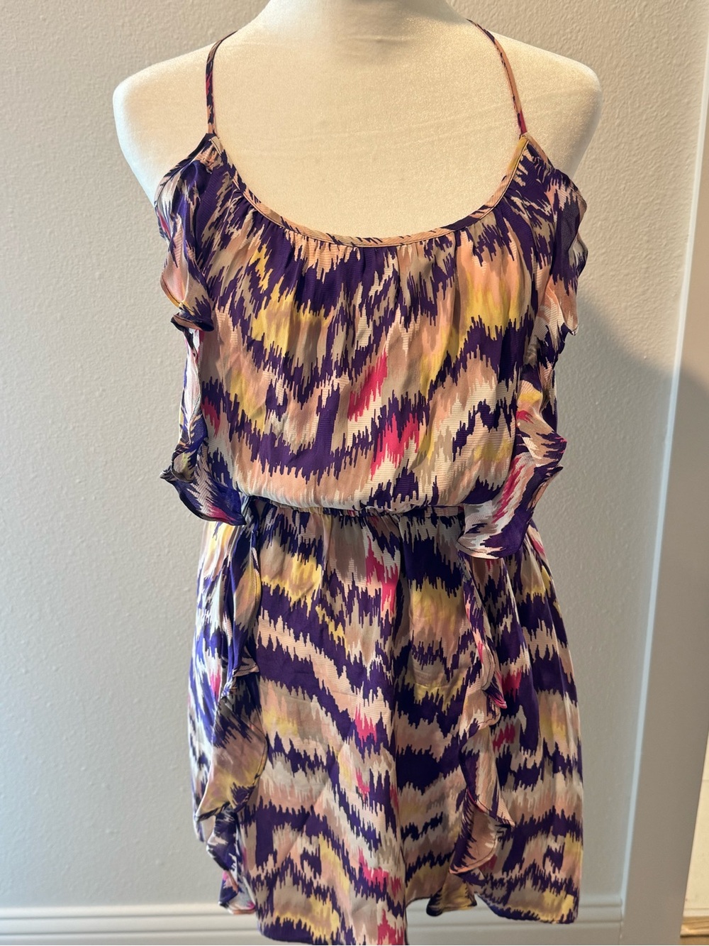Parker Purple Pink Yellow Cream Printed Spaghetti Strap Dress